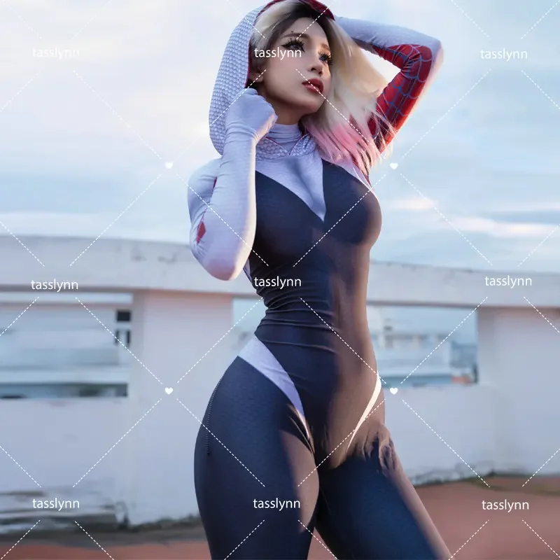 Spider Gwen ชุดคอสเพลย์สําหรับผู้หญิง Spider Girl Zentai ชุดสําหรับปาร์ตี้ฮาโลวีน Geek สาว Gwen Stacy เครื่องแต่งกายอะนิเมะคอสเพลย์