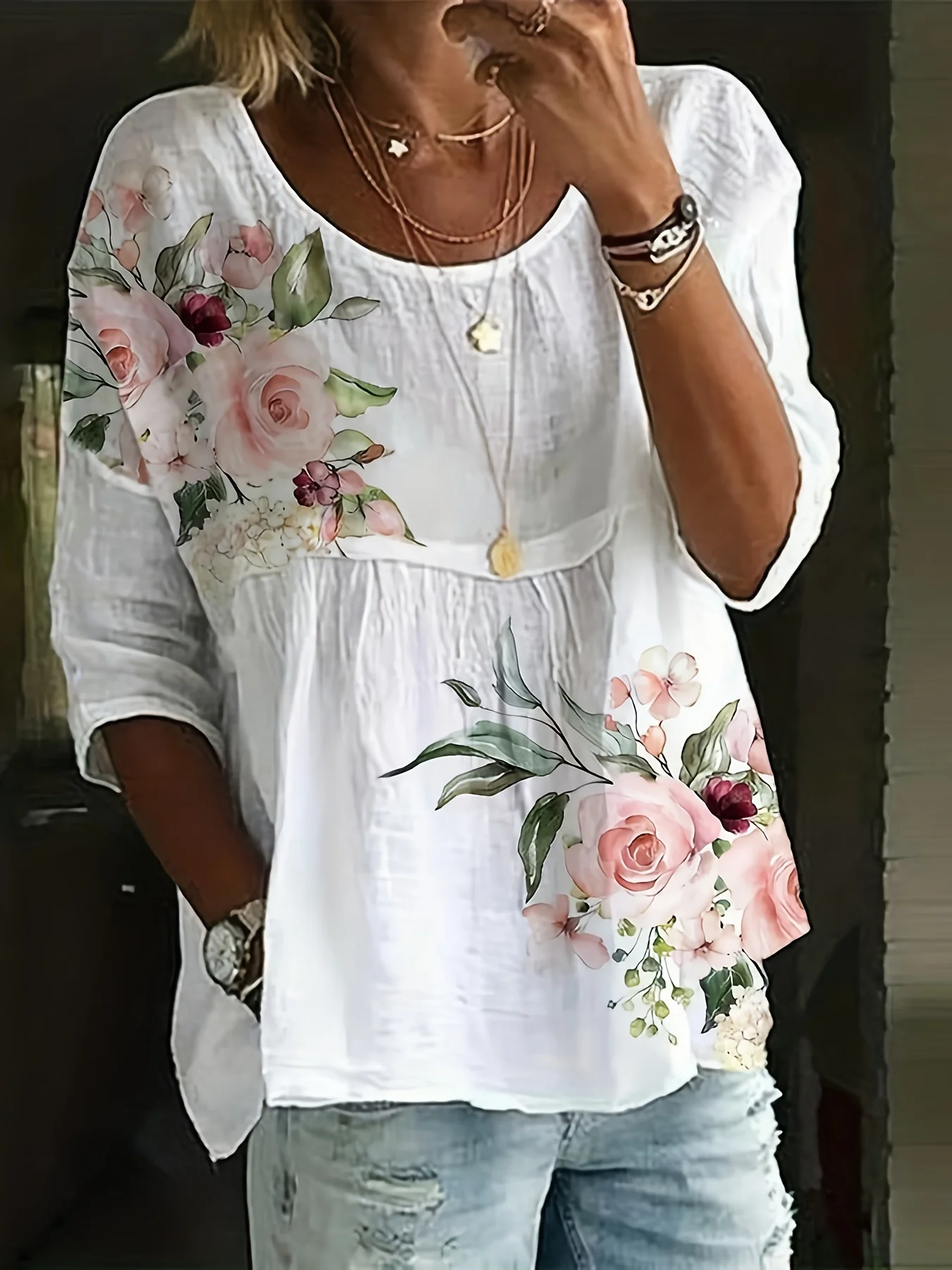 

Модная свободная рубашка больших размеров, женская элегантная женская рубашка с круглым вырезом, повседневная женская рубашка с принтом, праздничный топ выходного дня