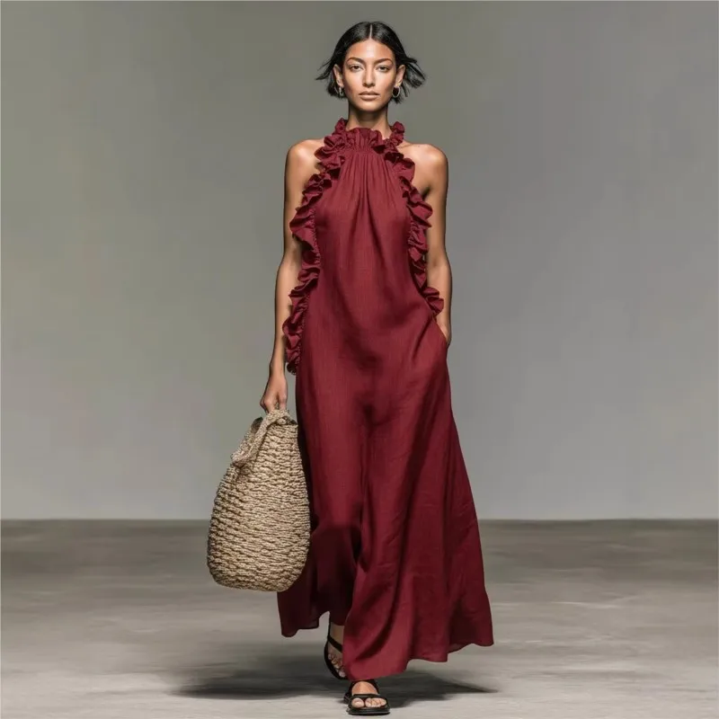 Customization Women's Sexy Halter Ruffle Maxi Dress Solid Pockets Loose Long Dress Summer Elegant Sleeveless Bohemian Vacation B - view 2