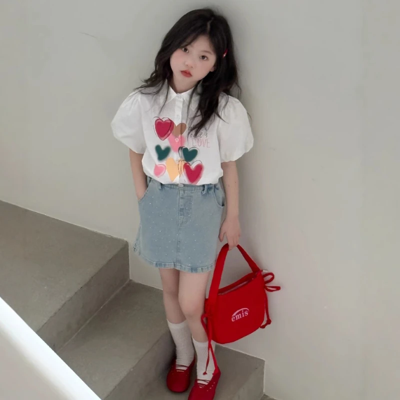 

Children's Clothing Summer 2025 New Girls Heart Print Bubble Short Sleeve Shirt Girl Sweet Shirt Lapel Top