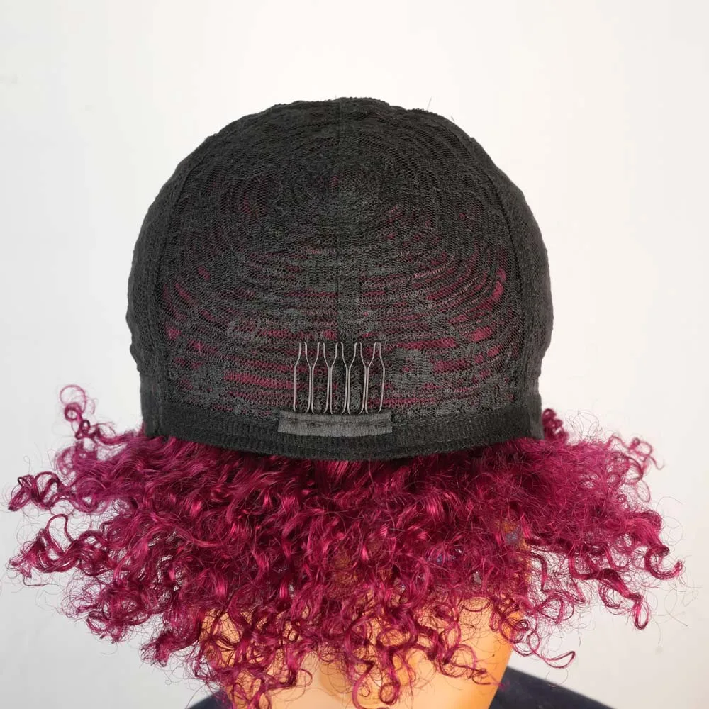 Borgonha curto pixie afro kinky encaracolado peruca com franja remy cabelo humano máquina feita perucas jerry encaracolado peruca para preto