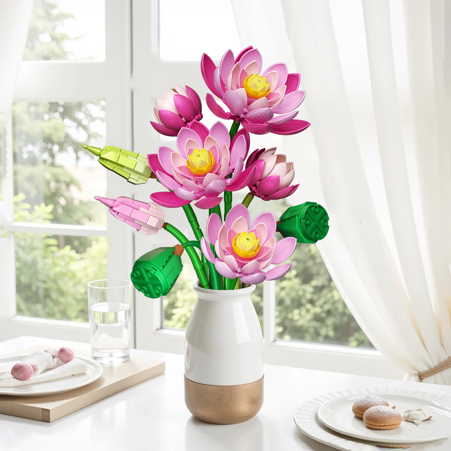 

MOC Artificial Lotus Flower With Vase Building Blocks Set Wedding Potted Flower Bouquet Toys Gifts For Birthday Valentine's Gift