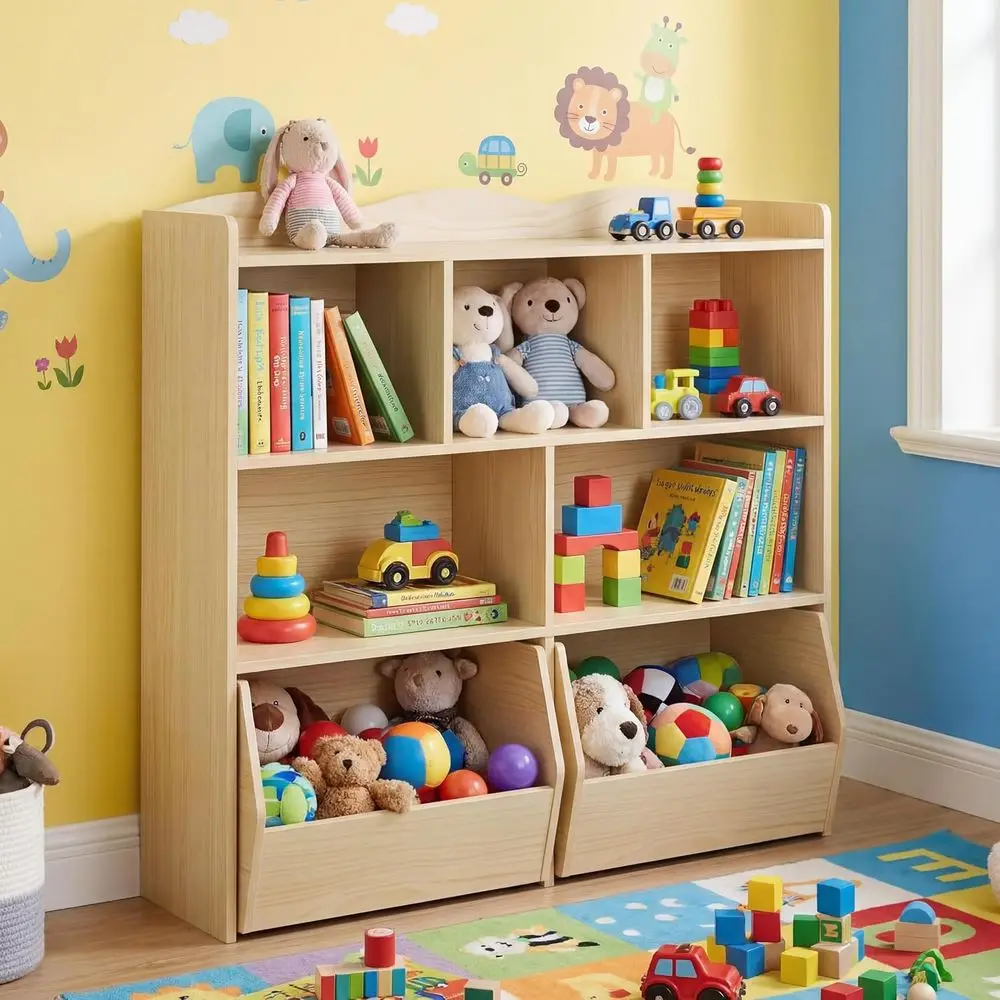 

Children's Toy Organizer and Bookshelf Cabinet for Playroom, Bedroom, and Living Room in Natural Finish