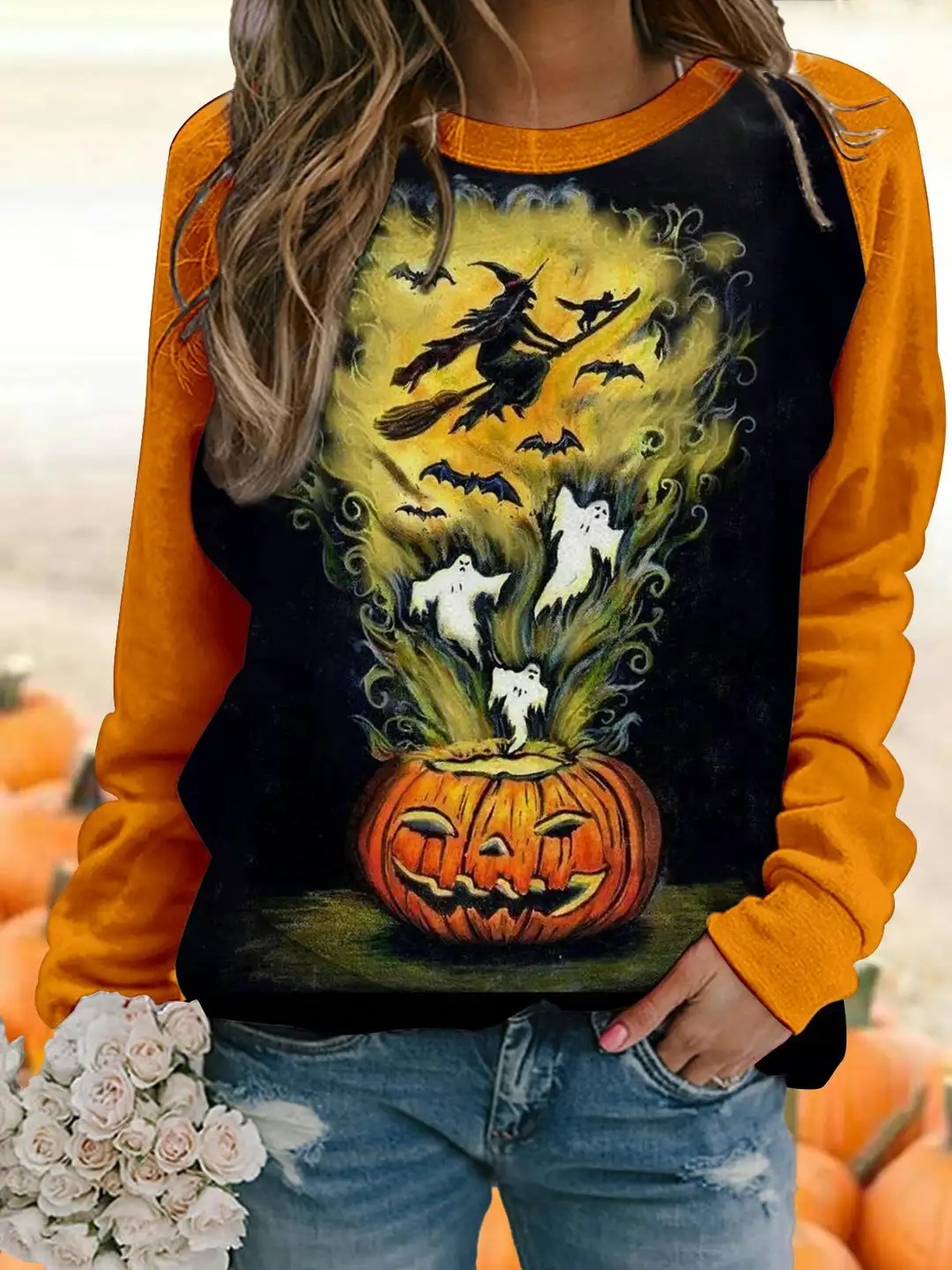 Halloween Women Sweatshirt Designer Round Neck Long Sleeve Loose Casual Fall Fashion Pumpkin Bat Kitten Fun Pattern Print Tops