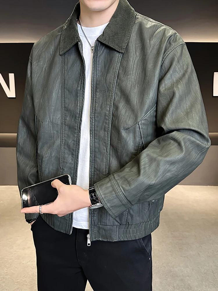 

Повседневная кожаная куртка, мужская куртка с лоскутным воротником на весну и осень, новинка 202, модная брендовая элитная крутая мотоциклетная куртка