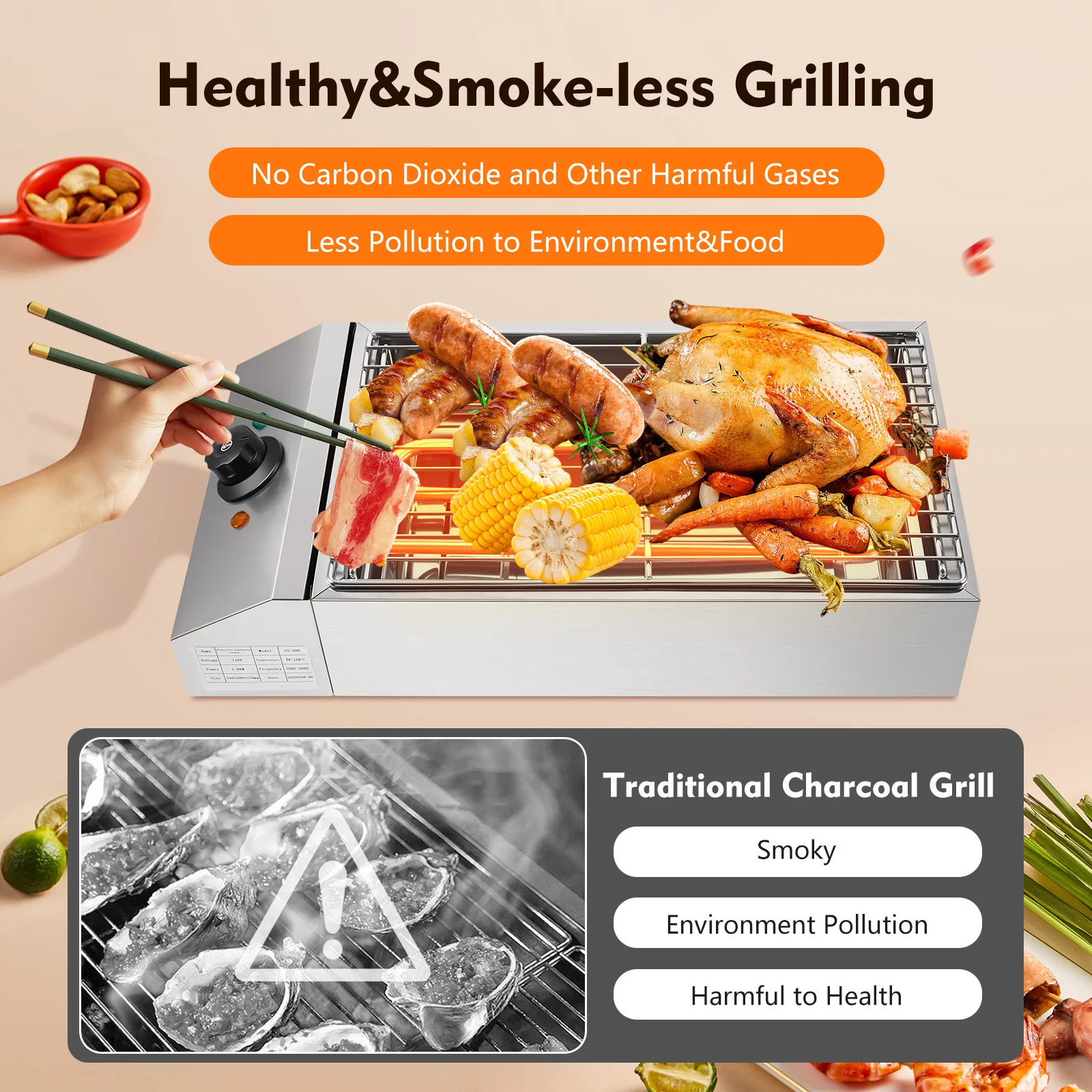 1800W Electric Smokeless Barbecue Oven Adjustable Temperature 201 Stainless Steel BBQ Equipment Non-stick Grill