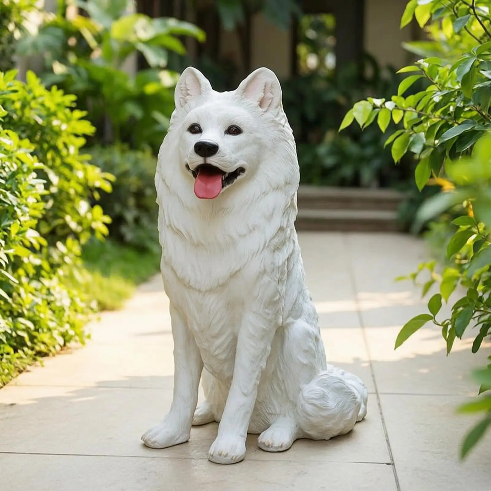 Fiberglass Samoyed Dog Statue White Resin Look Sculpture for Outdoor Patio Garden Home Decorative Piece