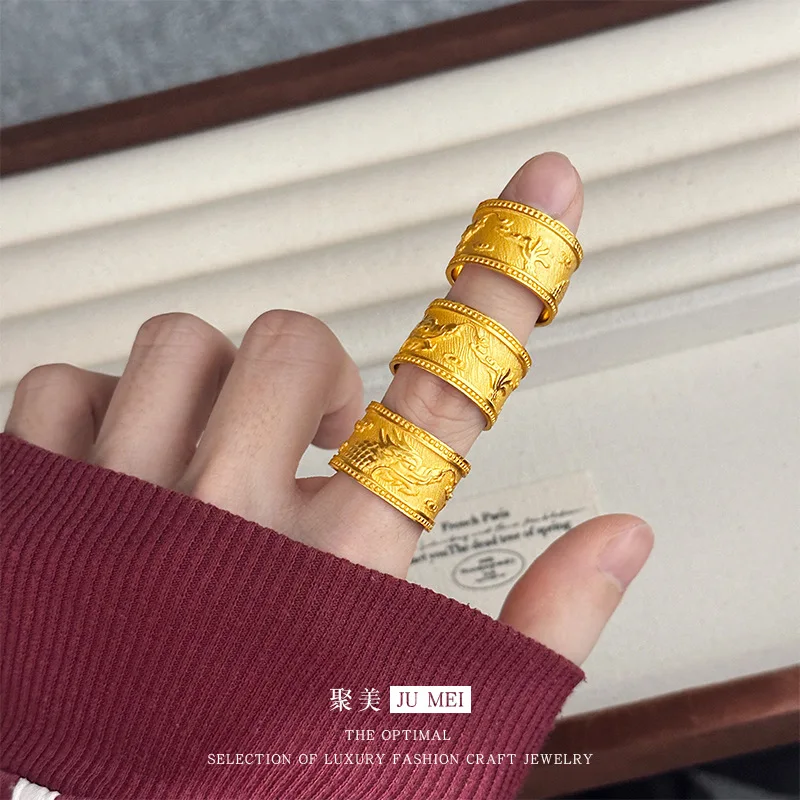 9999 24K real gold store same style men's wide face dragon patterned large ring, fashionable and domineering