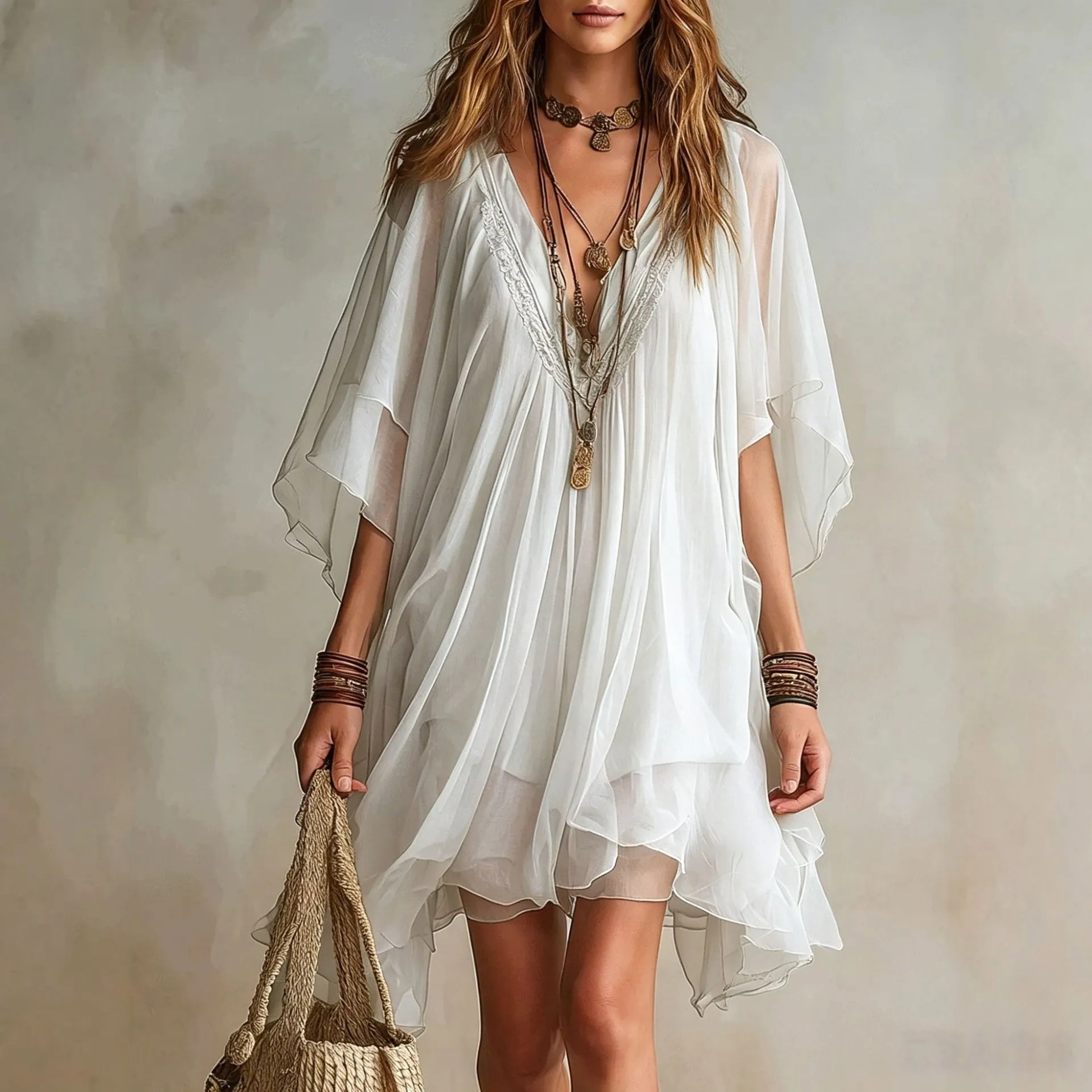 Women's V Neck Chiffon Solid Color Loose Fit A Line Mini Dress Half Sleeve Asymmetrical Hem Pareo Women's Beachwear Cover-Up