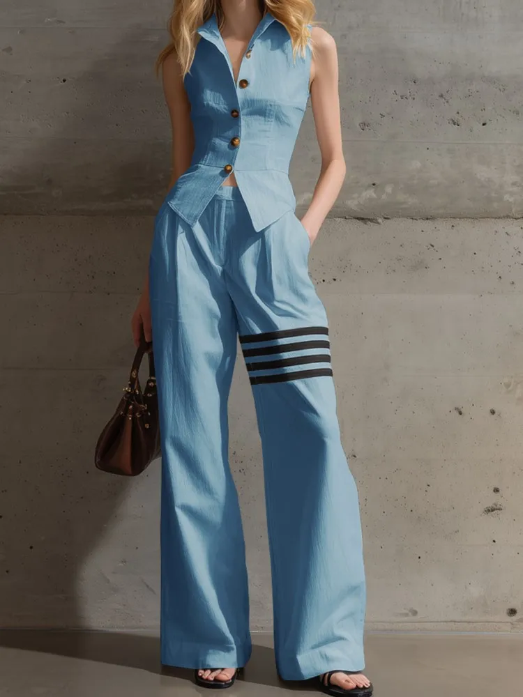 Women's Elegant Commuting Two-piece 2026 Fashionable Solid Color Sleeveless Single Breasted Waist Cinched Shirt Casual Pants Set