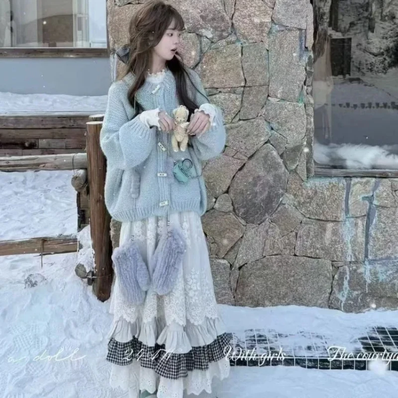 

Sweet Vintage All-match Patchwork Skirts Autumn Winter A-line Mid-length Skirt For Women Y2k Harajuku Subcultural Faldas Mujer