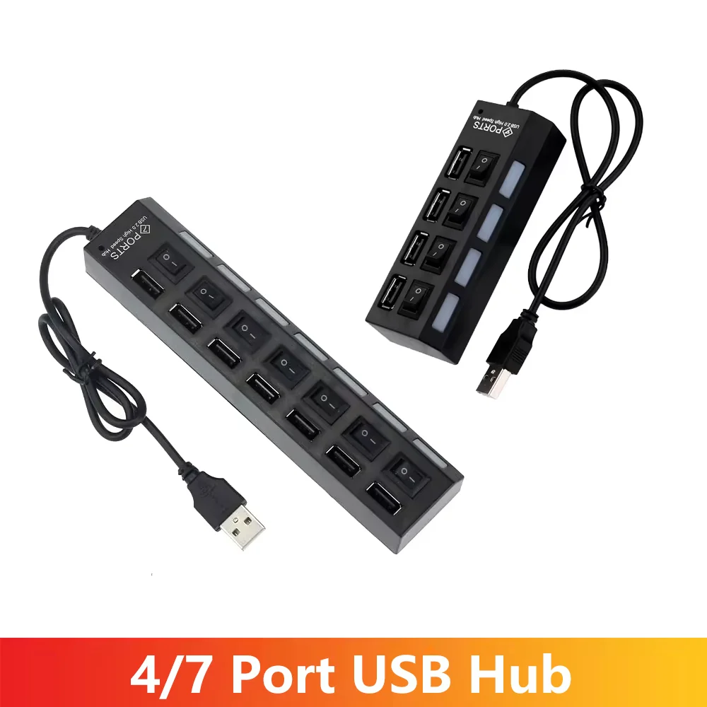 

USB-концентратор, 4/7-портовый концентратор USB 2.0, разветвитель с индивидуальными светодиодными переключателями включения/выключения, USB-концентратор для ПК, ноутбука, Mac, ПК, настольного ПК, PS5, Xbox