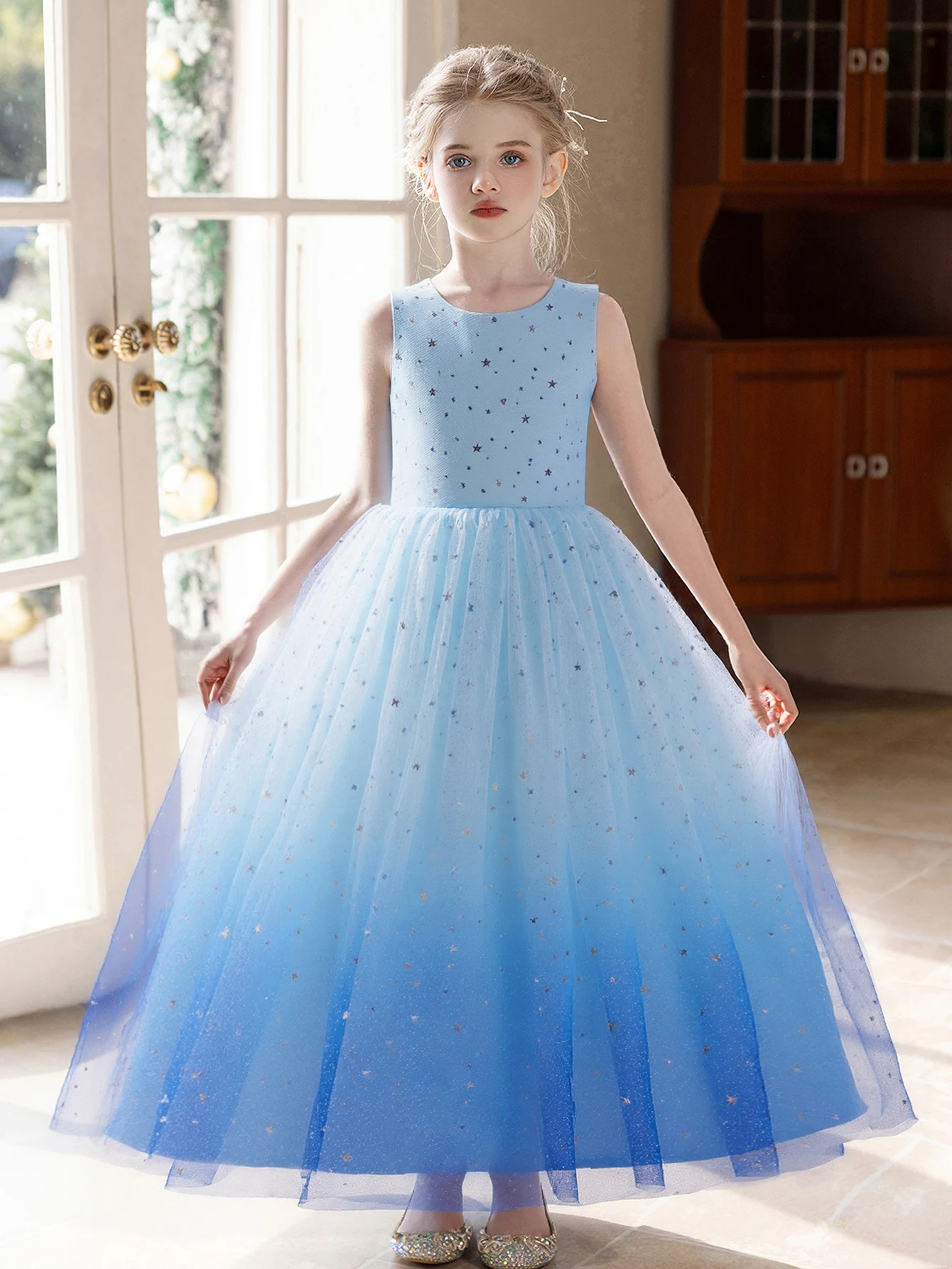 

Light Blue Long Dress Wedding Flower Girl Fluffy Starry Sky Girl Gauze Dress Party