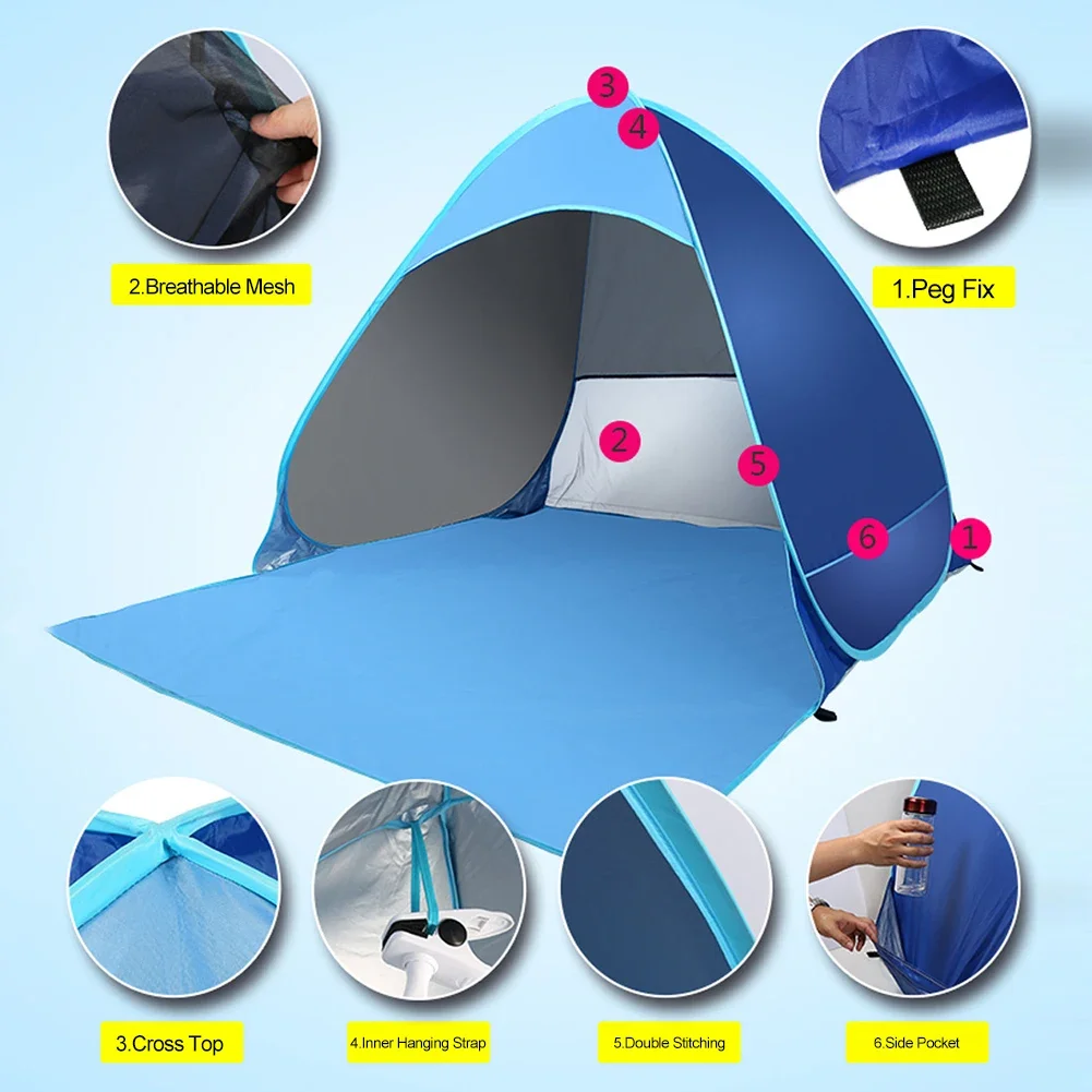 Tenda de praia instantânea automática, sombra de praia ao ar livre, abrigo solar, dossel, acampamento ao ar livre, caminhadas, equipamentos de pesca, 165x150x110cm