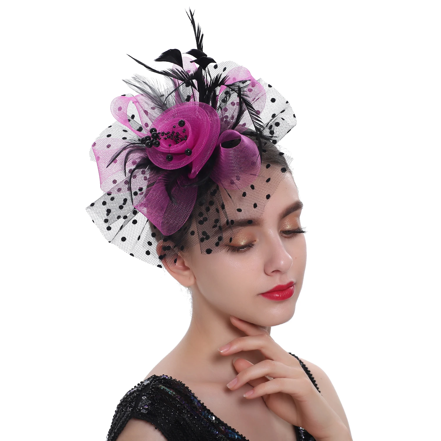 Women Feather Flower Fascinator Hat Ladies Hair Accessories Wedding Party Floral Mesh Veil Headband Hairpin Fascinators Church