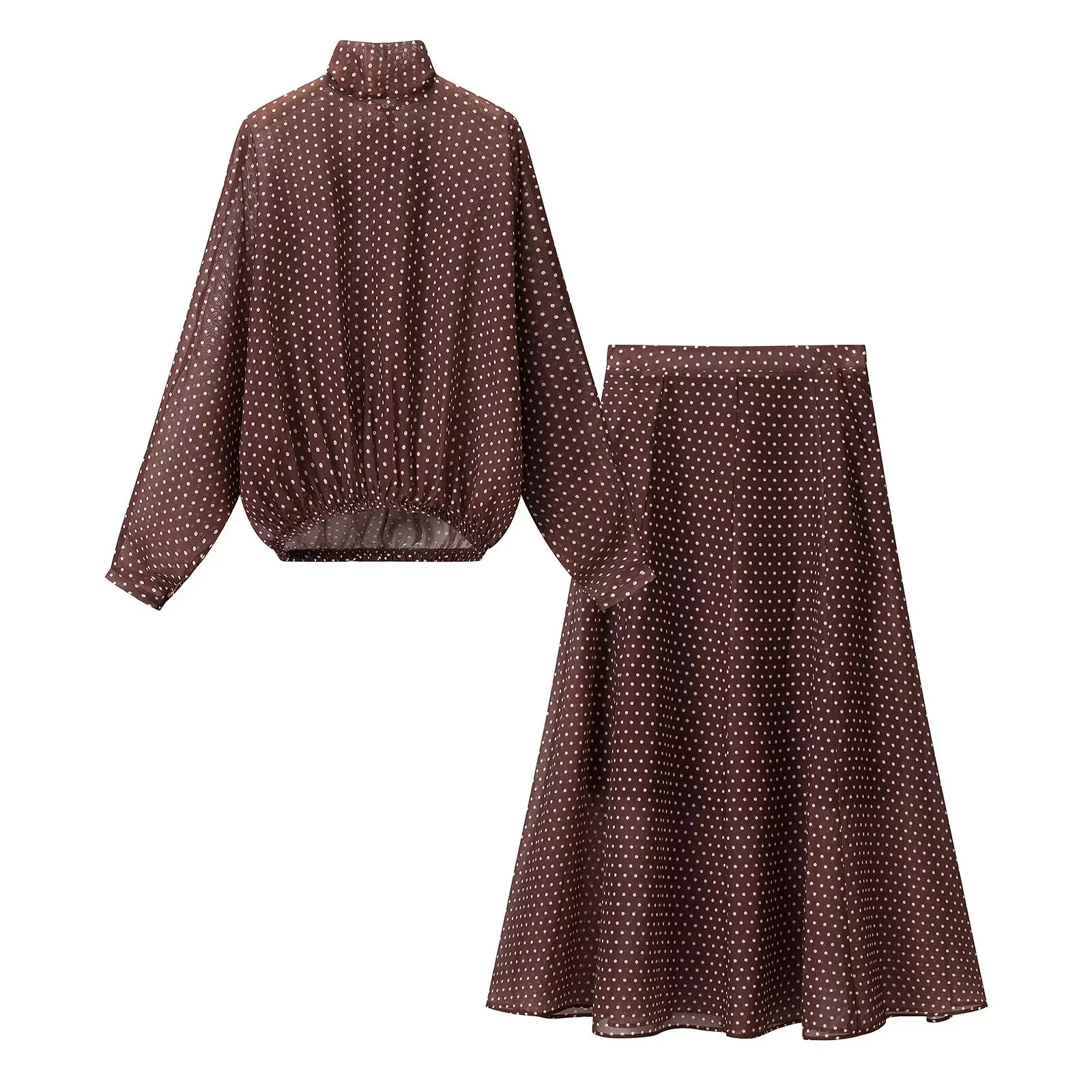 Two Piece Skirt Set Polka Dot Chiffon Bow Tie Matching Outfit for Women - Brown Suit