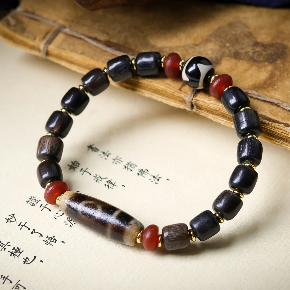 Original design black ram's horn single-ring bracelet playthings three-eyed tiger's tooth dzi agate ethnic style string
