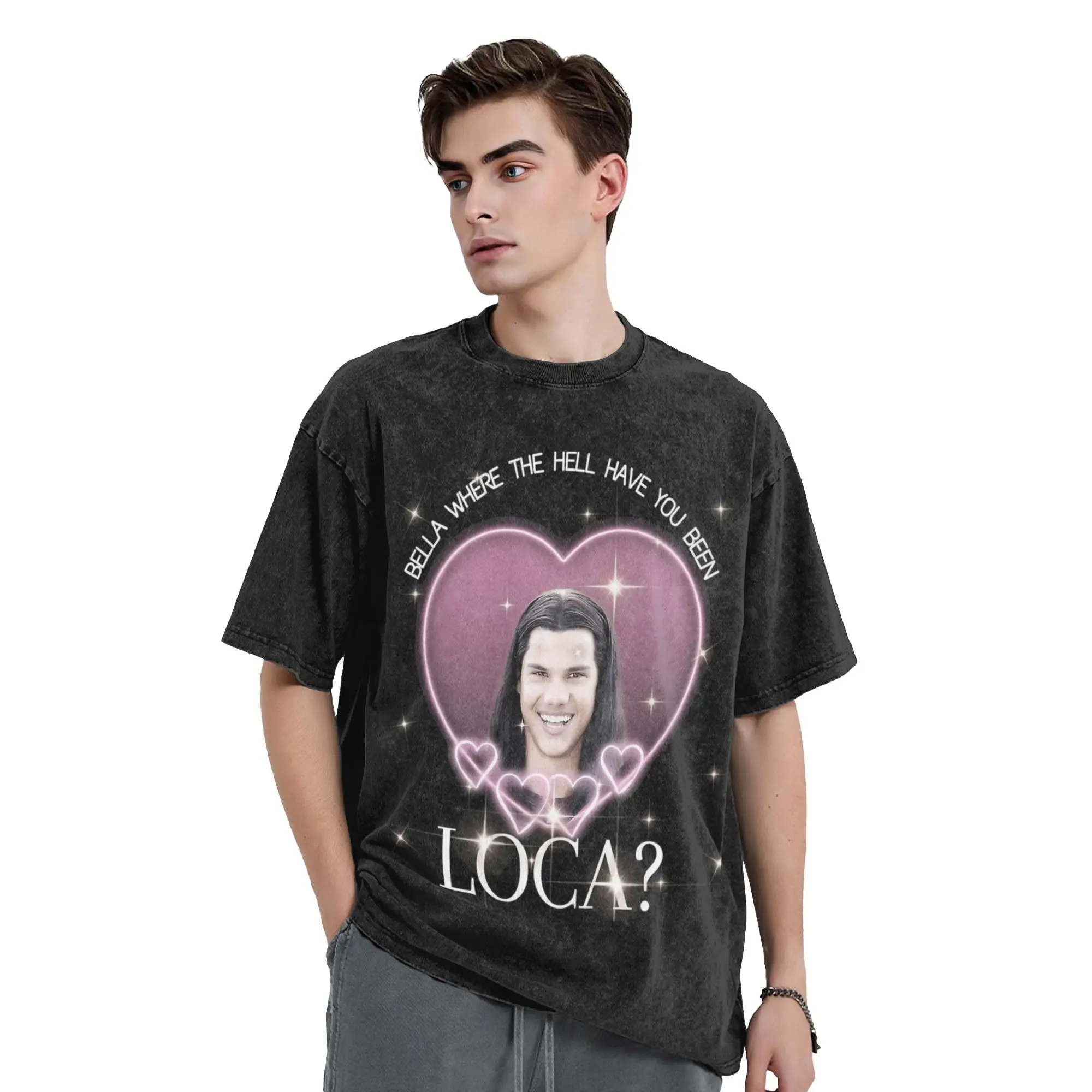 Washed T Shirts Romance Wolves Twilight Jacob Black Hip Hop Vintage T-Shirts Oversize  Streetwear 100% Cotton Tee Shirt for Men