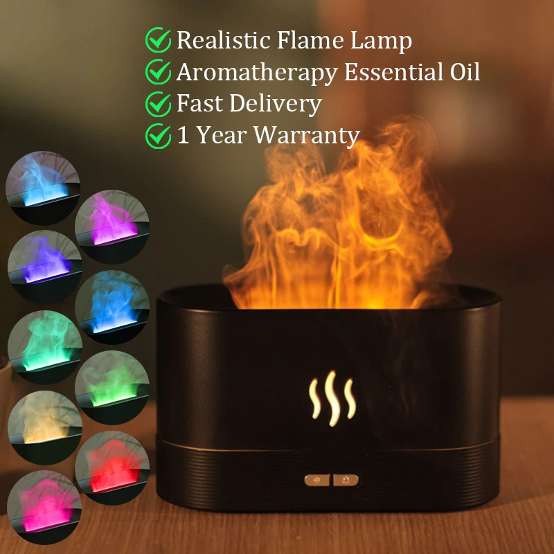 Flame air humidifier aromatic diffuser ultrasonic smoke machine, color LED essential oil flame lamp, bedroom decoration gift