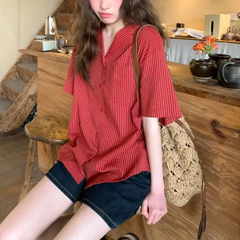 

Female Clothing Korean Striped Blouse Casual Turn-down Collar Summer New Loose Basic Short Sleeve Stylish Pockets Spliced Shirts