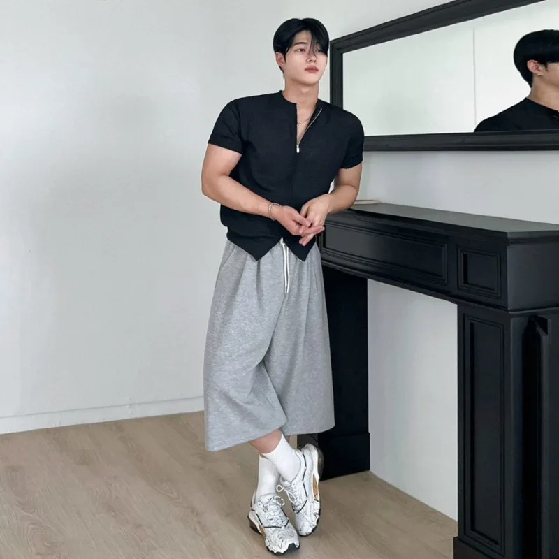 100% Cotton Korean Style Men's Sports Shorts Elastic Waist Drawstring Solid Color Straight Wide Leg Loose Fit Menswear Bottom