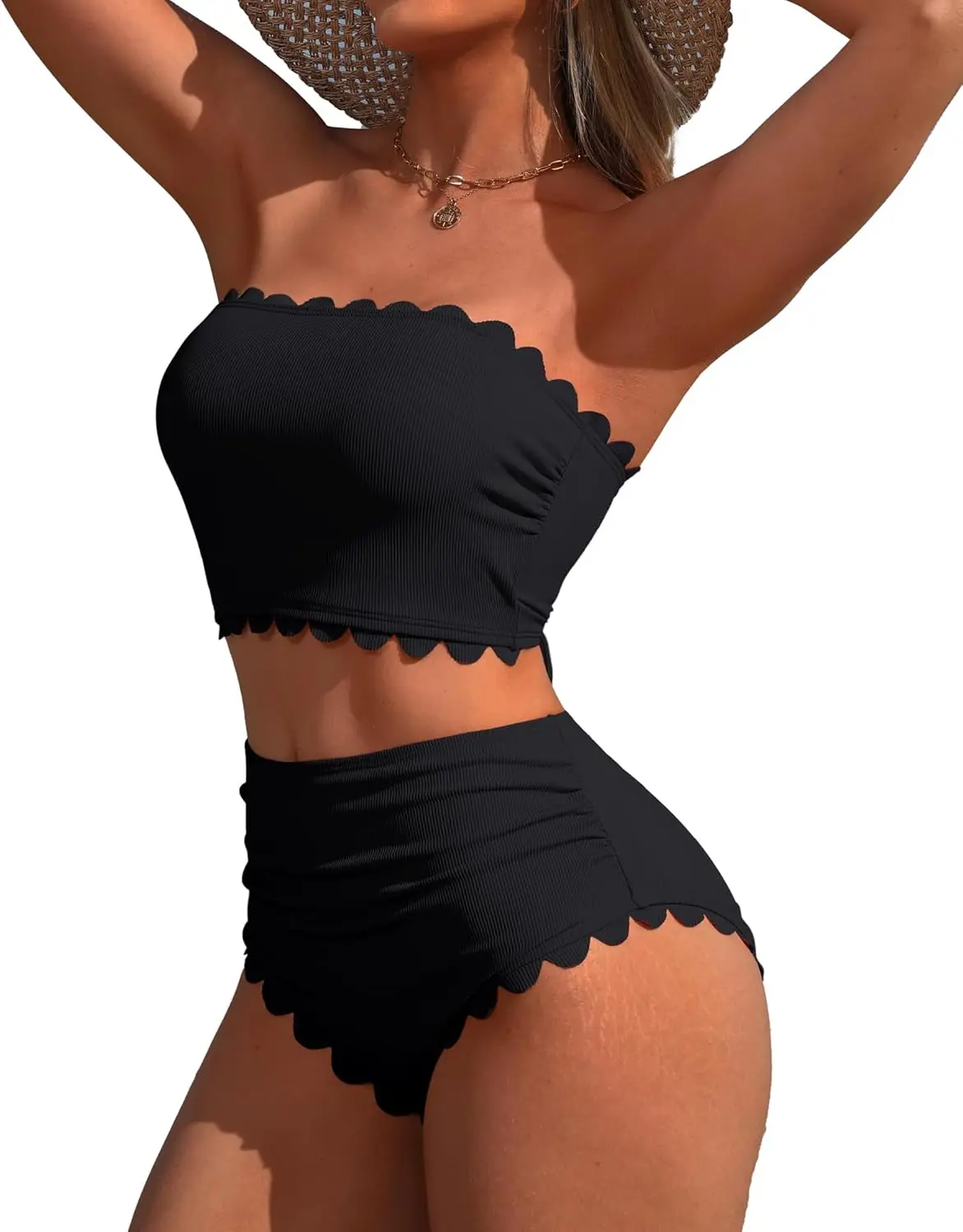 

Комплекты бикини без бретелек с высокой талией для женщин, с эффектом утяжки живота, в рубчик, с вырезом-ракушкой, купальники-бандо на шнуровке