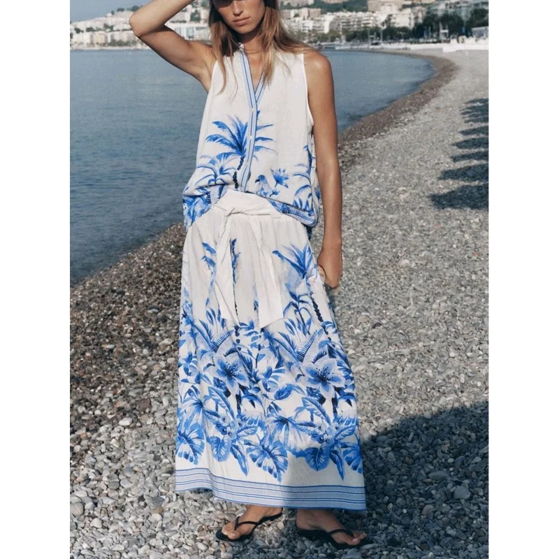 Conjunto de Saia Midi com Estampa Floral Tropical, Decote em V, Sem Mangas, Verão 2025, Conjunto de Moda, Calças Cridas, M...
