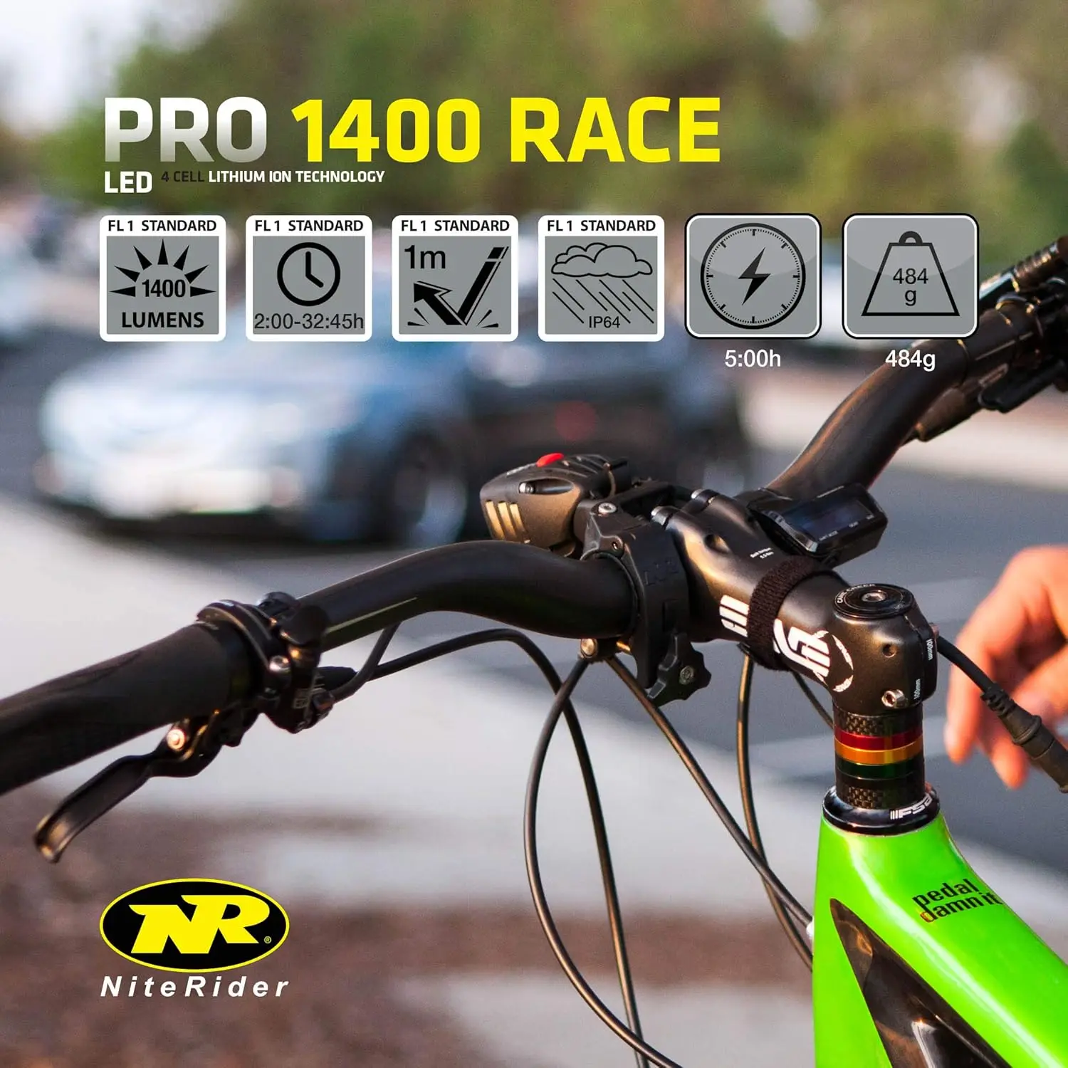 Pro 1400 Race, High Performance Lightweight  Race Bike Light, 1400  of Max Output. Durable Bicycle Front Ligh