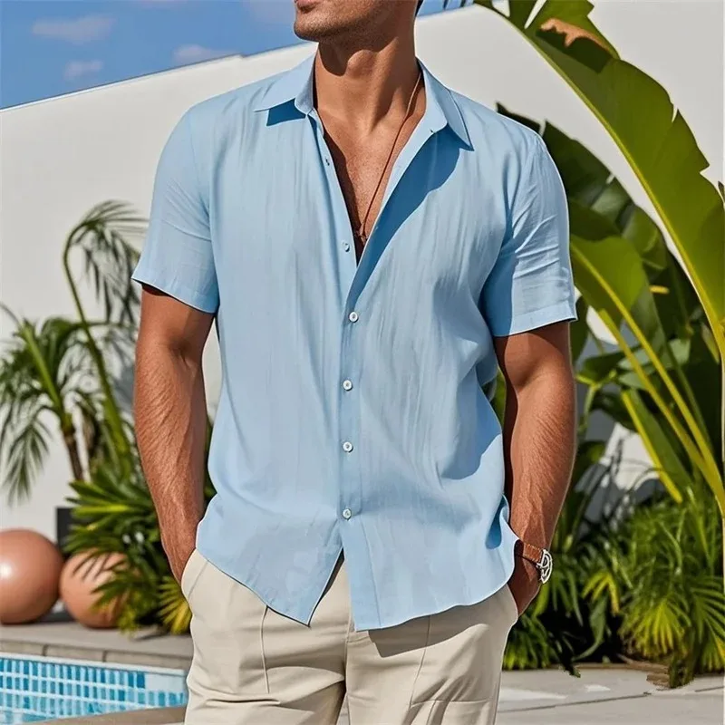 

Mens Casual Shirts Summer New Fashion Solid Color Linen Shirt Men pullover Short Sleeve tops Button cardigan Lapel men Shirts