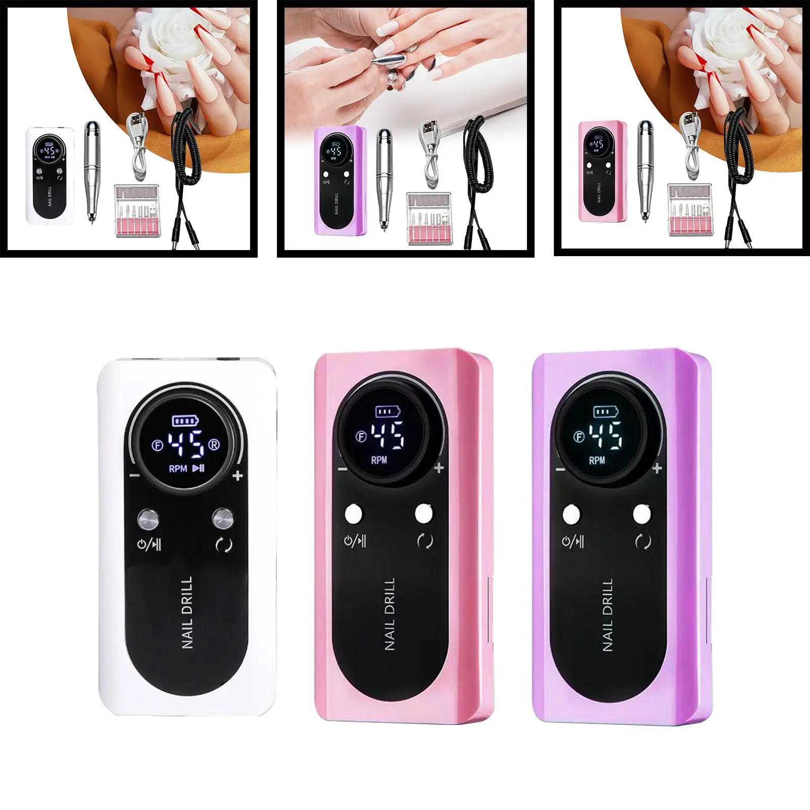 

Electric Nail Drill Machine with Nail Bits USB Rechargeable Nail File Manicure Pedicure Tool for Cutting Carving Acrylic Nail