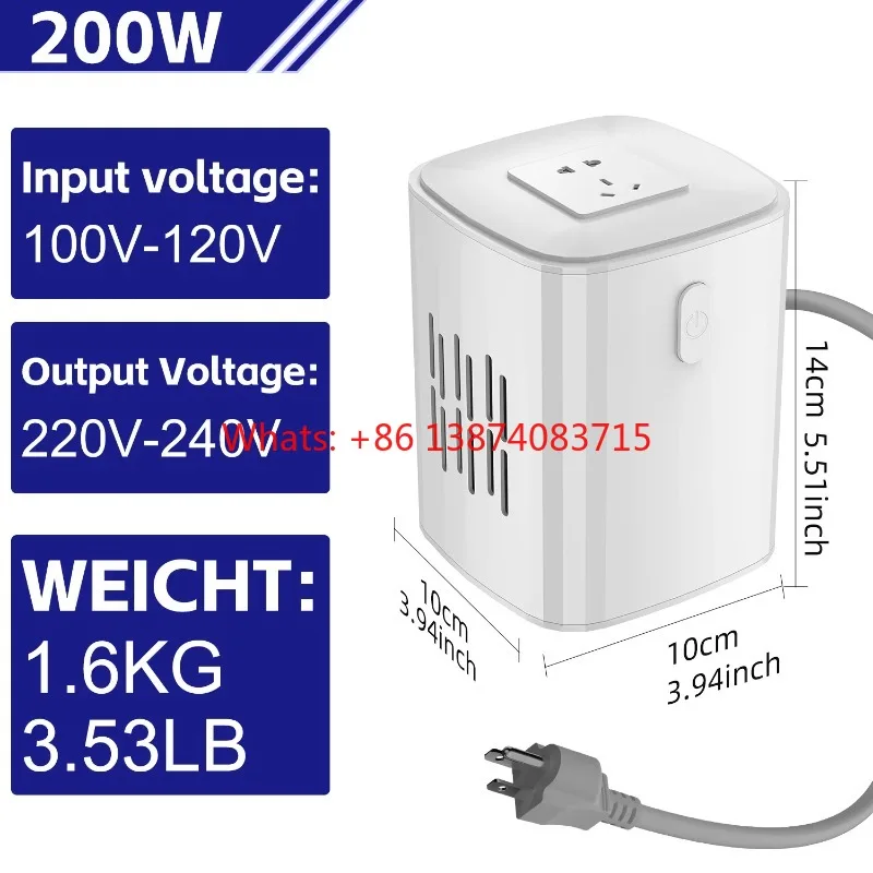 

Small portable voltage converter transformer, 200W, 110V to 220V and 220V to 110V step-up/step-down power converter.