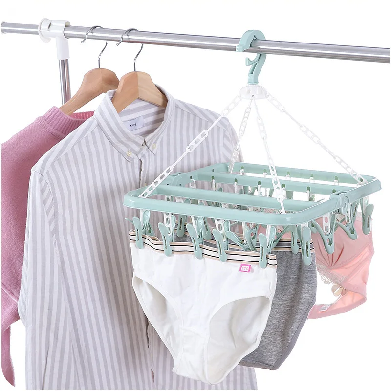 

Home Folding Clothes Rack With 32 Clips Adult And Children's Towels Underwear Socks Baby Multi-functional Drying Rack Portable