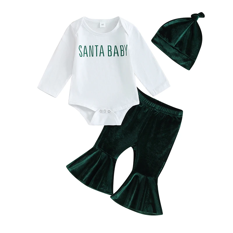 Baby Girl Christmas Outfits Letter Print Crew Neck Long Sleeve Rompers Flare Pants Hat 3Pcs Fall Clothes Set