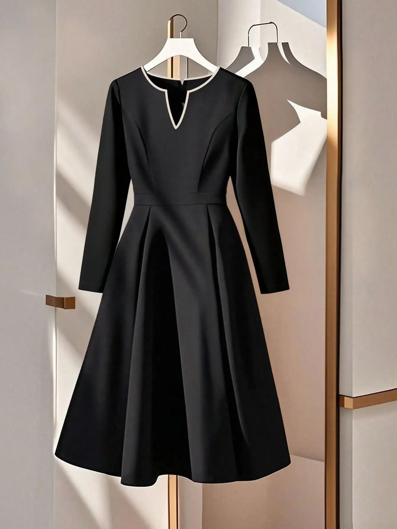

Black V-Neck Long Sleeve Belted Midi Dress with Contrast Trim