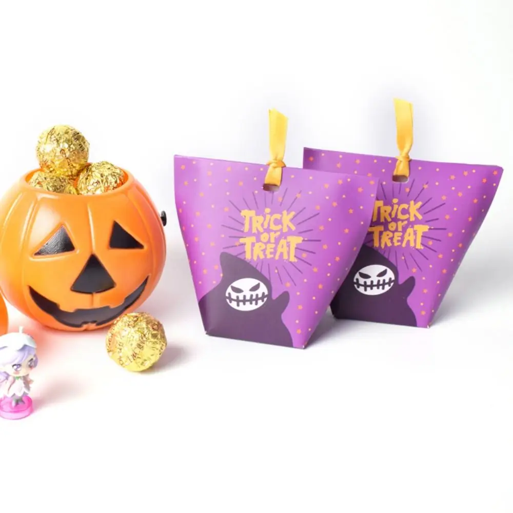 10 Pcs Cardboard Halloween Candy Box Easy To Assemble Ribbons Portable Packaging Bag Durable Widely use