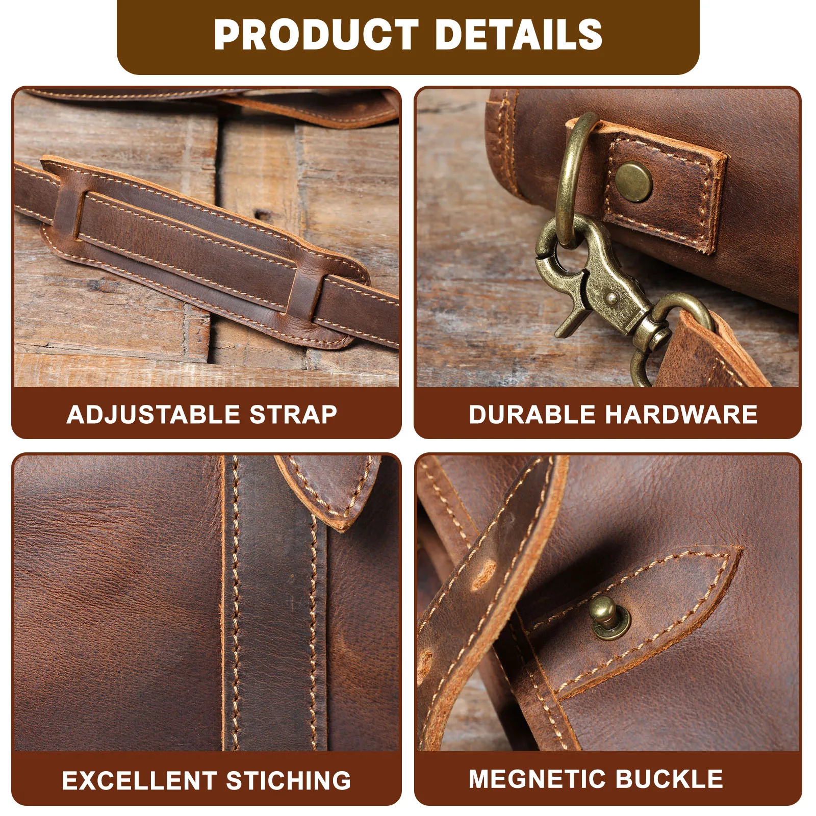 S.WORKER Vintage Echtleder Herren-Tragetasche Handgefertigte Aktentasche Schultertasche Damen Freizeittasche Crazy-Horse Rindsleder – Detail 11
