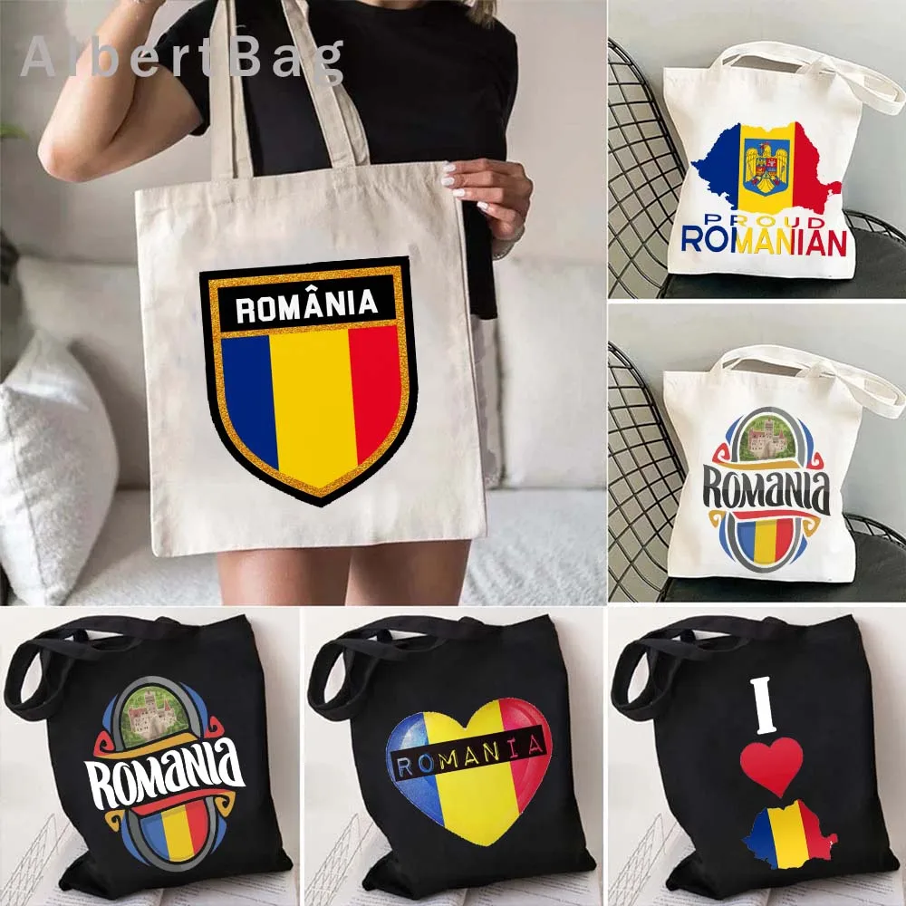 Bucharest Romania Map Romanian Coat of Arms Flag Canvas Tote Bag Country Heart Transylvania Peles Castle Scenery Shopper Handbag