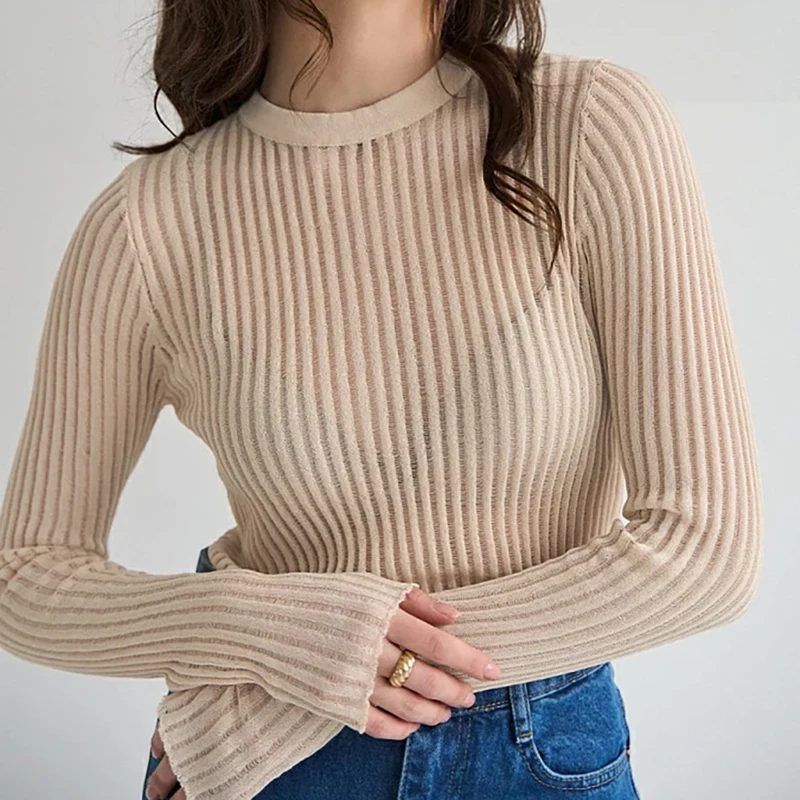 Sexy See Through Hollow Out Knitwear Women Top Spring Summer Long Sleeve O-neck White Pullovers Woman Casual Thin Ribbed Sweater