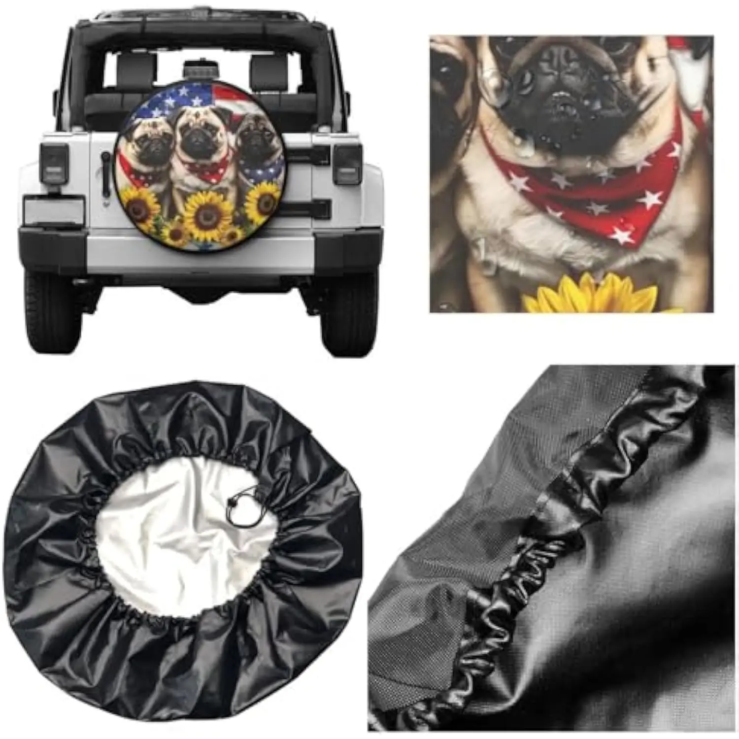 Patriotic Pug Dog Sunflower American Flag Spare Tire Cover Waterproof Protector for RV SUV