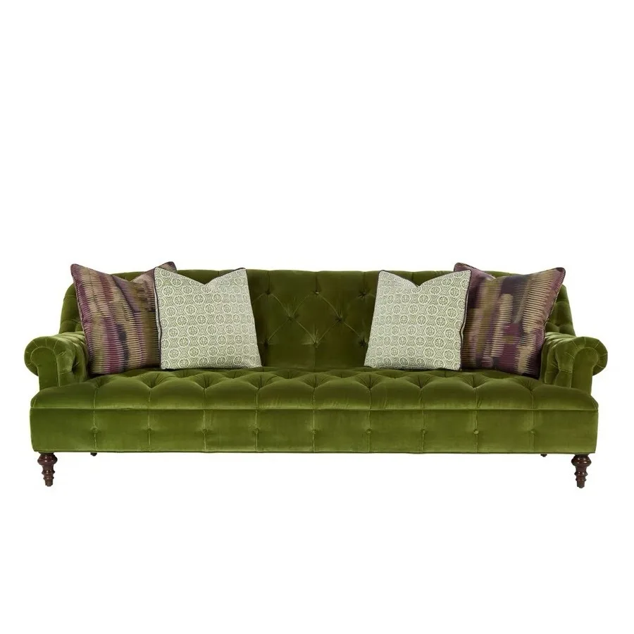 

French retro olive green solid wood living room sofa American small apartment fabric buckle high back single double three sofas