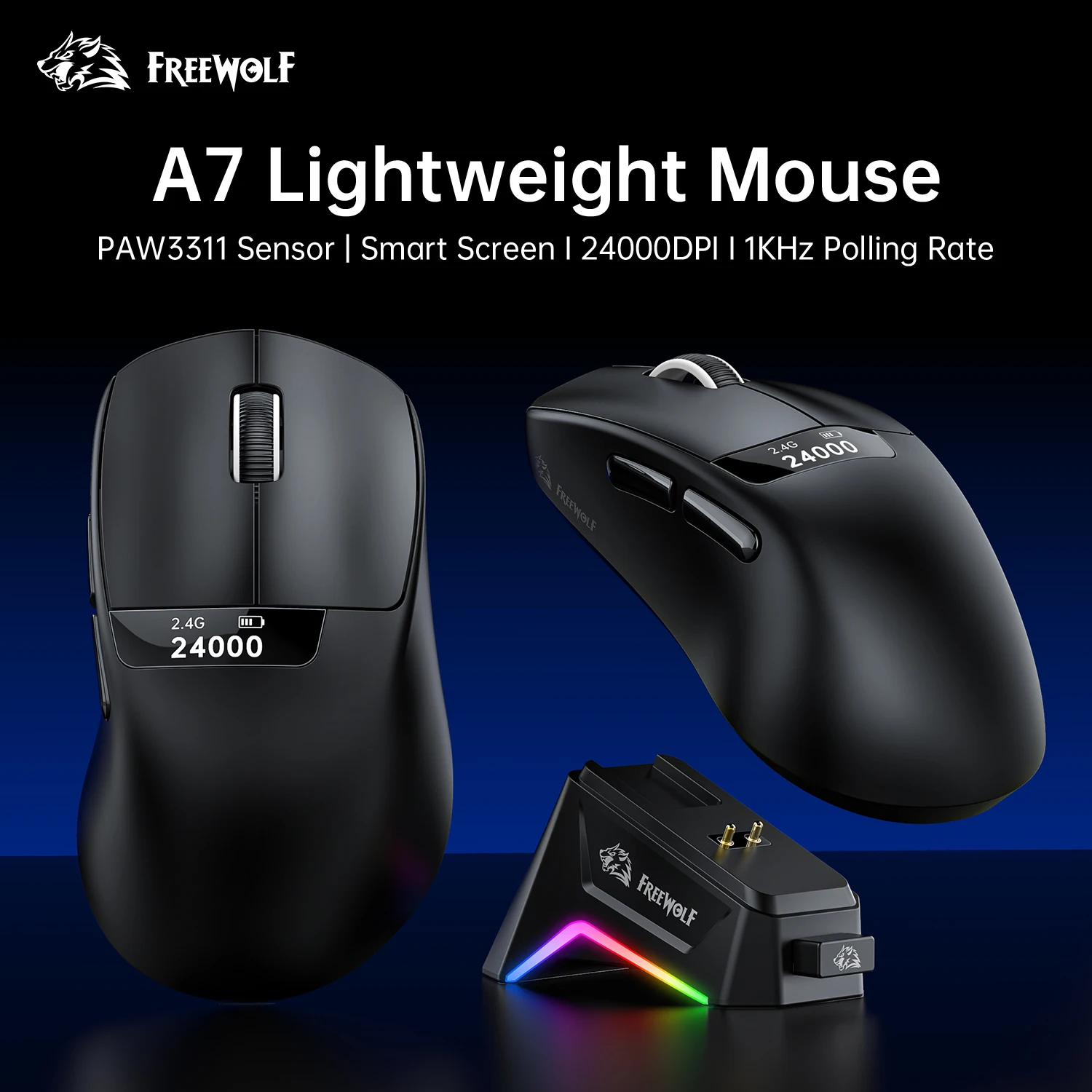 

PAW3311 Gaming Mouse Wireless 1000Hz with Screen,FREEWOLF A7 24000DPI RGB Magnetic Charging Dock Gaming Mouse for PC and Laptops