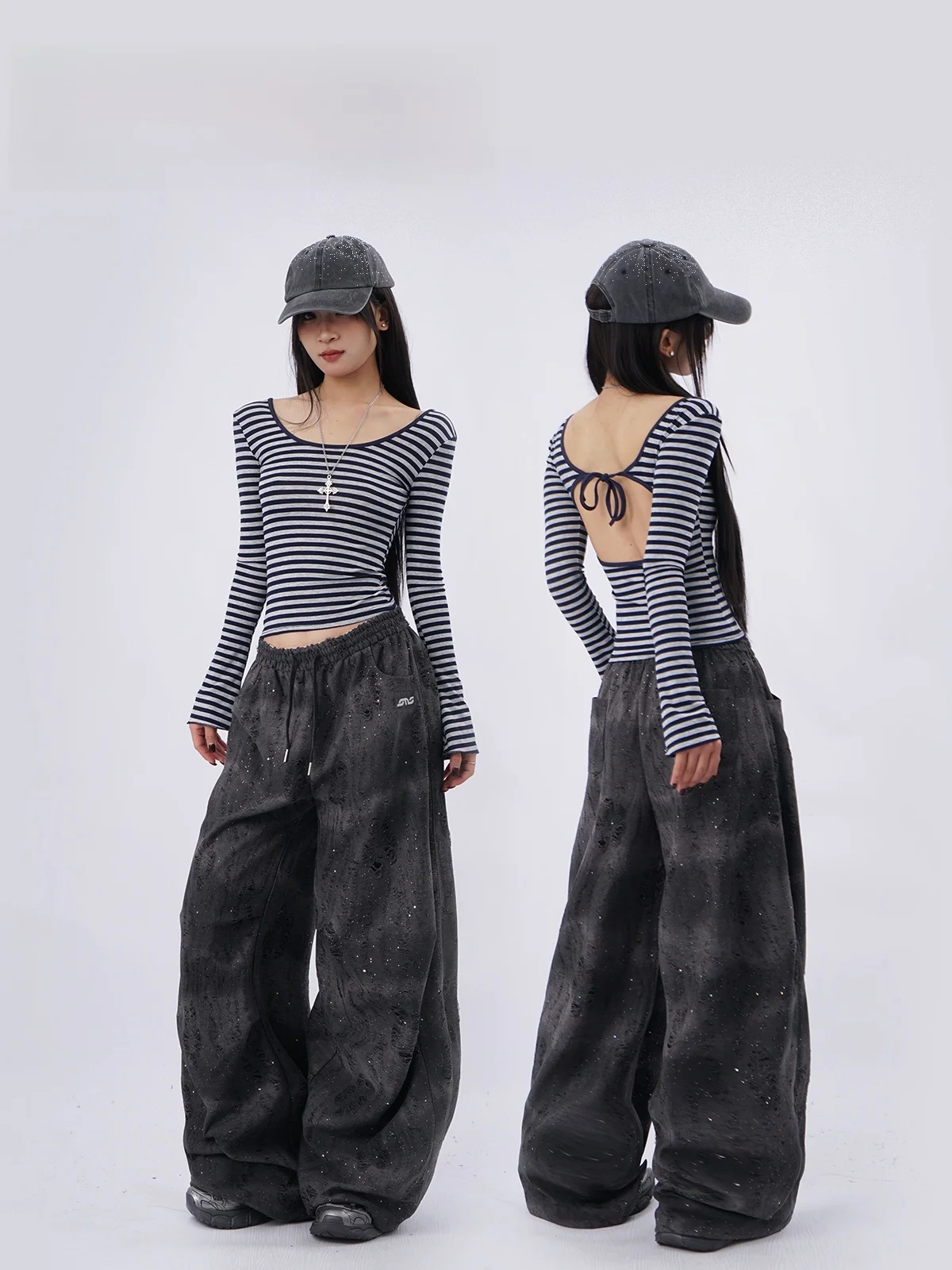 

Американские повседневные брюки в стиле High Street с эффектом тай-дай и рваными элементами, свободные спортивные черные брюки в стиле рабочей одежды для женщин