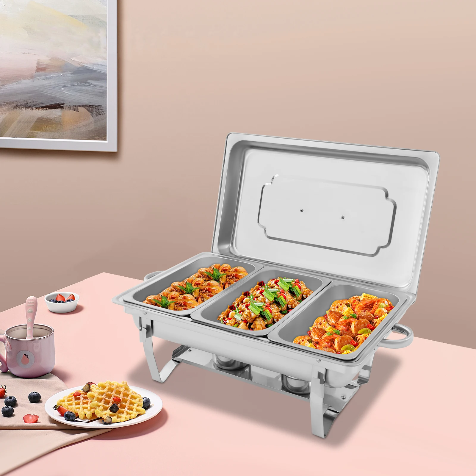 مجموعة بوفيه أطباق الغضب المصنوعة من الفولاذ المقاوم للصدأ مكونة من 3 أقسام مكونة من 410 مع تسخين/تبريد الوقود الصلب القابل للتعديل، مثالية لحفلات الزفاف/الحفلات