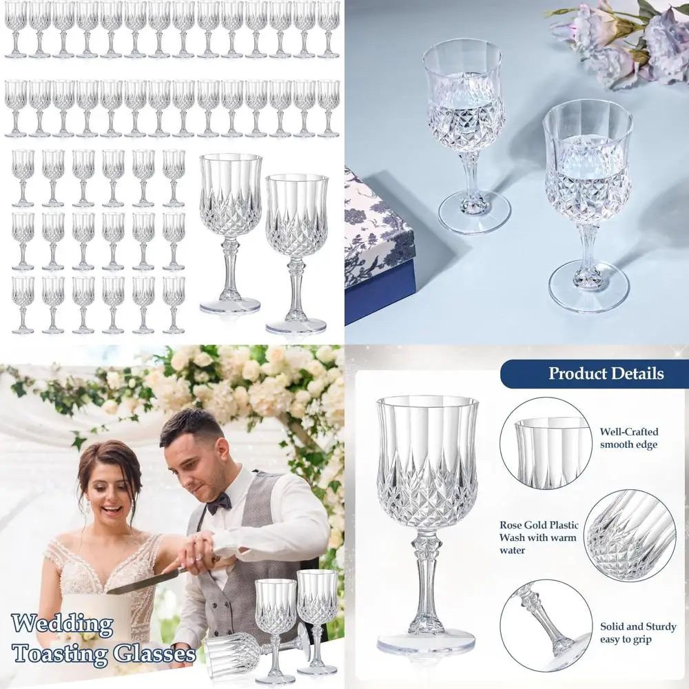 

7oz Vintage-Style Unbreakable Plastic Wine Glasses, 48 Pack, Reusable Crystal-Like Wedding Glassware for Parties and Events