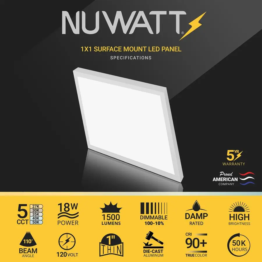 لوحة تثبيت سطحية مربعة LED 1 × 1 قدم، 5CCT 2700K 3000K 3500K 4000K 5000K قابلة للاختيار، 1500LM 18W، محرك داخلي، مسطح عاكس الضوء #2