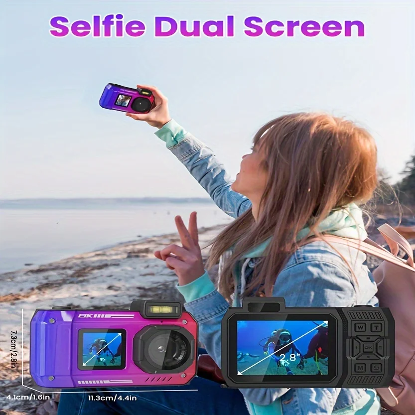 8K 70MP Digital f Waterproof Camera, 33 Feet Underwater Camera Durable Shock Resistant Diving, Selfie Dual Screen with 32G Card