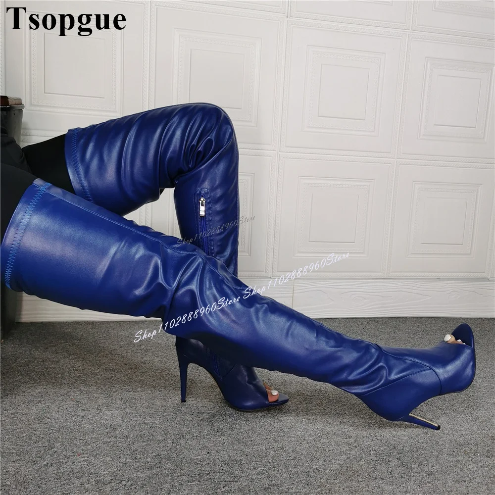 Over The Knee Dark Blue Soft Leather Boots Stilettos High Heel Women Shoes Side Zipper Peep Toe 2024 Fashion Zapatos Para Mujere