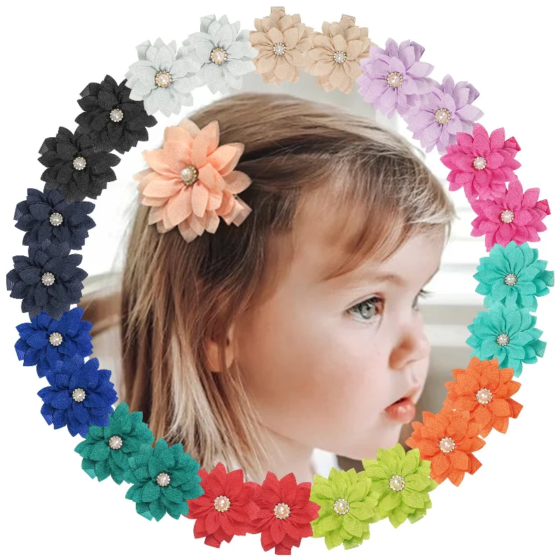 New Headwear Sharp Pointed Lotus Pearl Rhinestone Chiffon Fabric Small Flower Hair Clip Girl's Headwear