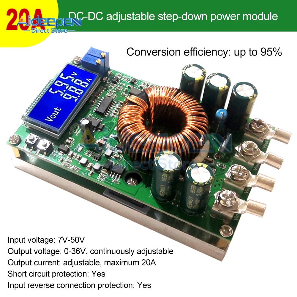 20A DC DC Converter Voltage meter Adjustable CC CV Step down 7V-50V to 0-36v Regulated power supply battery charging