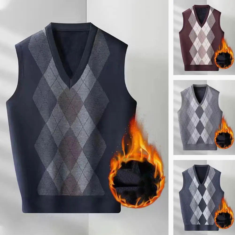 

Men Sweater Vest Men's Rhombus Print V-neck Sweater Vest Cozy Fall/winter Sleeveless Knit Warm Applique Pullover Soft for Spring